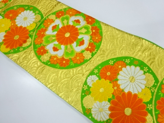 アンティーク　菊に華紋模様織出し袋帯（着用可）